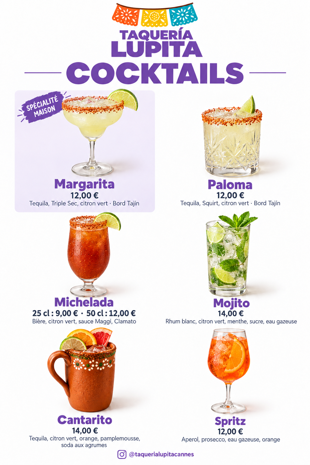 Carte illustrée des six cocktails Lupita